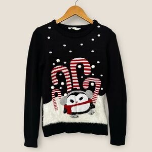 Bluenotes Black Knit Christmas Candy Cane Penguin Sweater